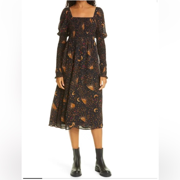 Farm Rio Leopard Sky Midi Dress w Smocked Bodice & Puffed Sleeve w MEASUREMENTS! - Picture 10 of 16